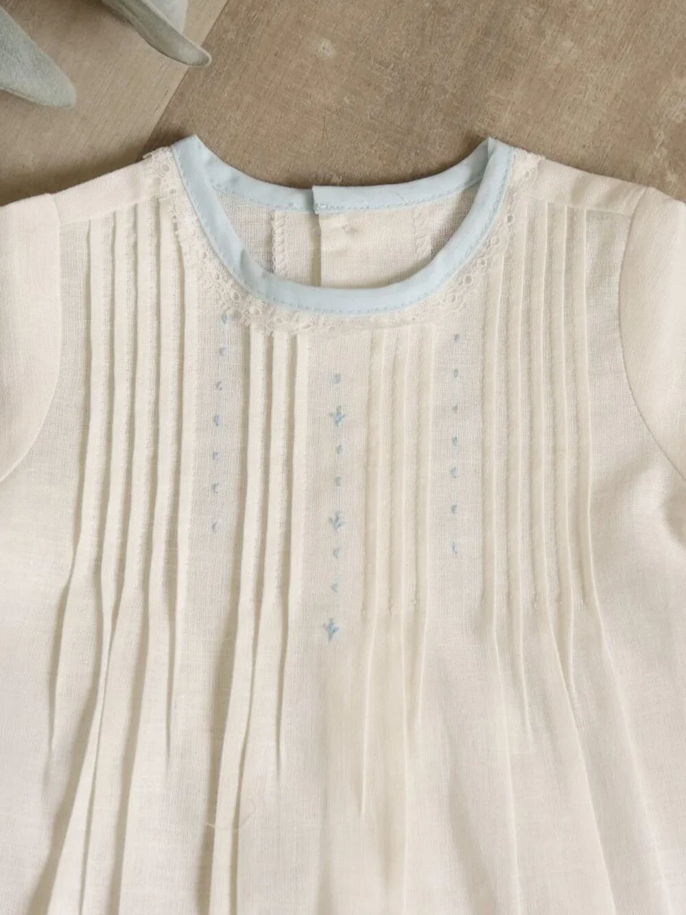 Boy's Ivory Cotton Linen Heirloom Daygown Blue Accents Coming Home 1st Portraits